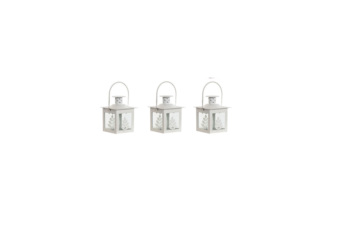 FAROLA SET 3 HIERRO CRISTAL 7X7X10 HOJA BLANCO